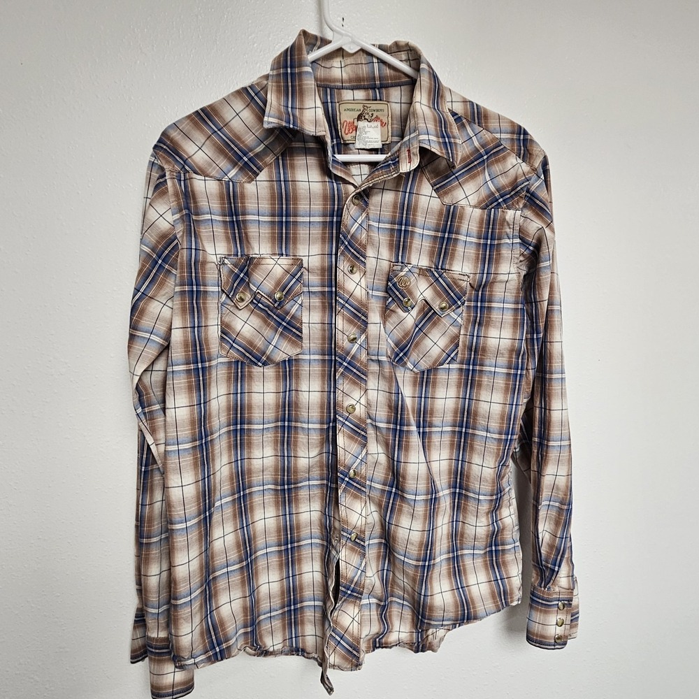 VTG‎ Wrangler Tan Plaid Pearl Snap Western Shirt Pockets Rodeo Size M Cowboy